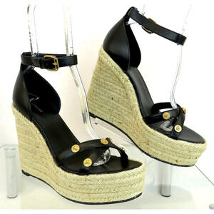 NIB VERSACE BLACK LEATHER GOLD MEDUSA LOGO STUDDED SANDALS ESPADRILLES WEDGES 40